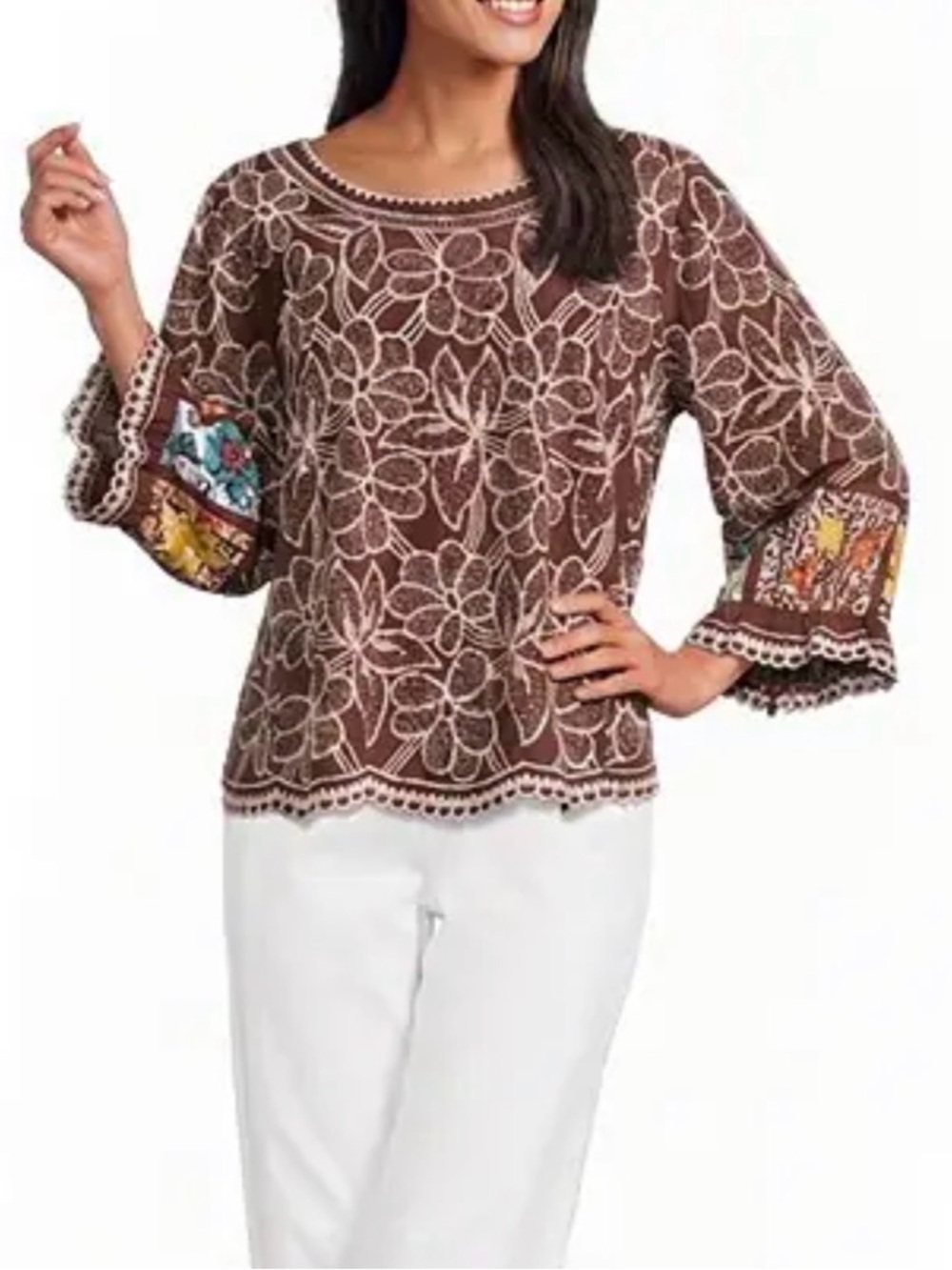 John Mark petite Medium pop over embroidered top